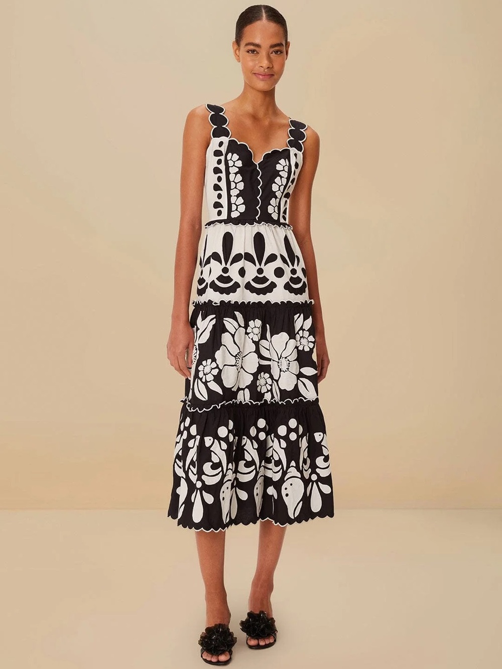 Farm Rio black white scalloped midi dress